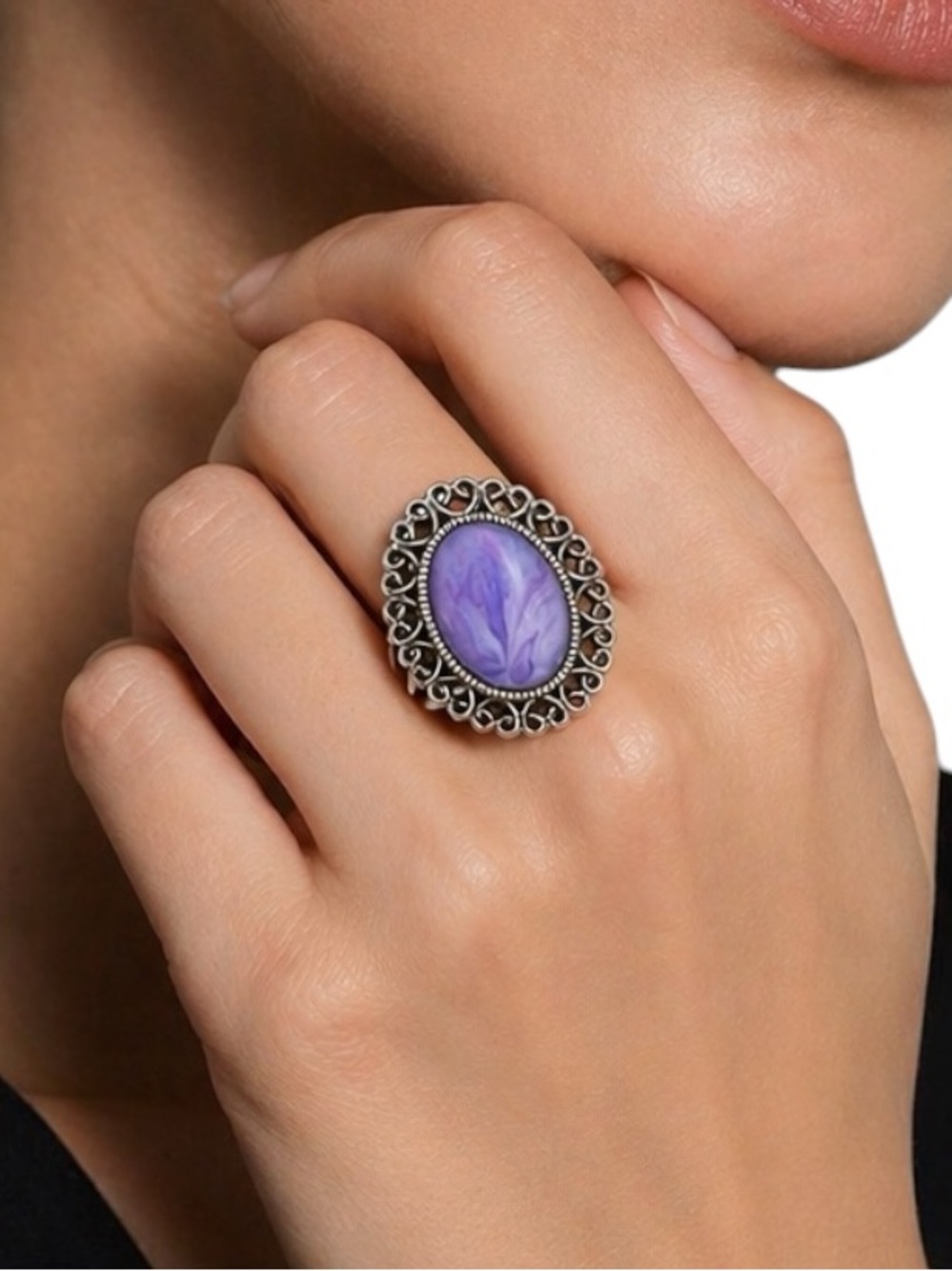 Hand Crafted Fluid Art Ring by Svetlana Yeung Purple Oval Cabochon Size OS
